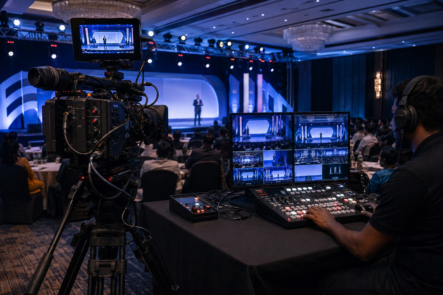 Professional conference live-stream production with camera and video switcher