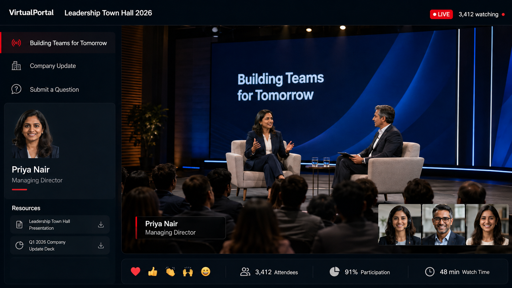 VirtualPortal live healthcare event page with video stream, questions and event agenda
